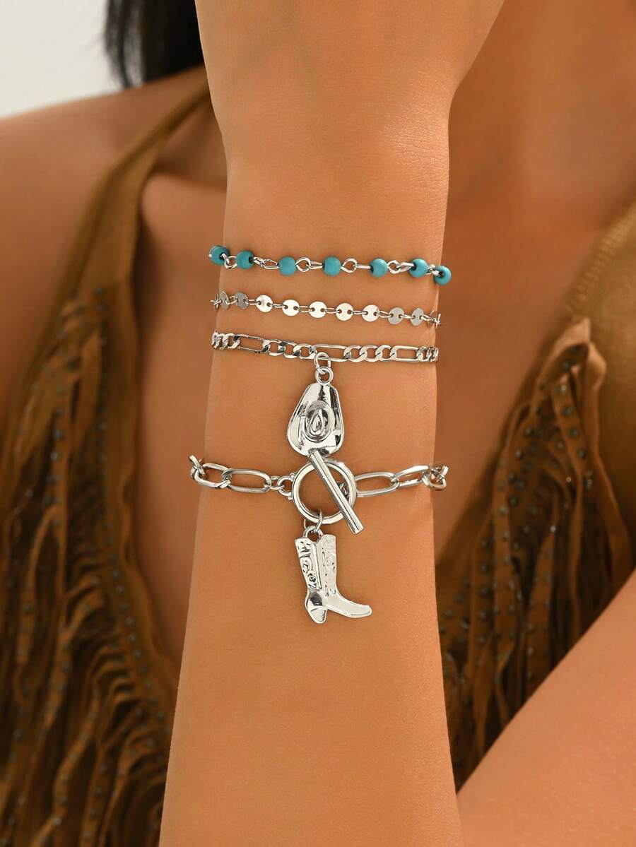 Bộ 4 chiếc vòng tay bạc thủ công kiểu cao bồi miền Tây cổ điển dành cho nữ, kèm mặt dây chuyền vàng, phụ kiện trang sức thời trang cho chụp ảnh và du lịch. - Nhiều màu - Xem 1