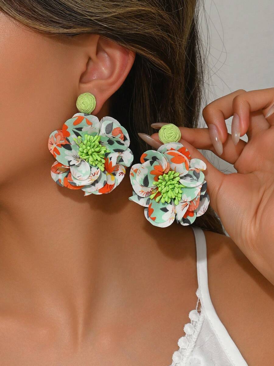 一对花朵流苏耳环，甜美清新的波西米亚风格，适合海滩旅行摄影，时尚优雅的女士耳环，度假和日常佩戴皆宜。 - 綠色 - 查看 1