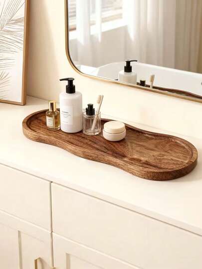 1 pieza Bandeja de baño de madera, bandeja de encimera de baño, estante de almacenamiento de joyas de madera, bandeja de baño para organizar y decoración del hogar, bandeja de alimentos sencilla para la mesa del comedor, accesorios de baño, decoración del hogar, muebles del hogar, adecuado para el baño y la cocina, ideal para regalar