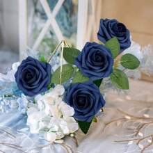 25/50pcs Navy Blue Artificial Foam Roses With Stems - Perfect For DIY Wedding Decor, Bouquets, Party Table Arrangements And Home Decoration, Packed In OPP Bag, With 2 Leaves - Dark Blue - View 7