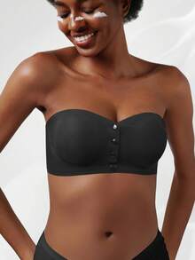 Black Glossy Push-Up Bra, Bandeau Style Design, Front Opening, Strapless, Lifting And Shaping Bust, Breathable And Stylish Back Design, Suitable For Daily Wear - Black - View 10