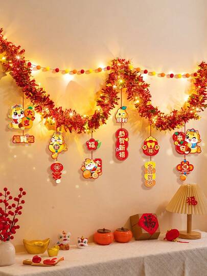 1 Set Chinese New Year Year Of The Horse Decorative Hanging Flags, Elegant Streamers For School Theme Events, Living Room New Year Decor, Holiday Hanging Ornaments And Ribbons