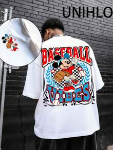 Disney UNIHLO  Street Life Men's Casual Loose  Mickey  Cartoon  Print Short Sleeve T-ShirtSummer - 白色 - 查看 1
