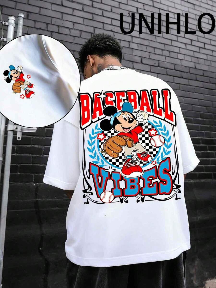 Disney UNIHLO  Street Life Men's Casual Loose  Mickey  Cartoon  Print Short Sleeve T-ShirtSummer - 白色 - 查看 1