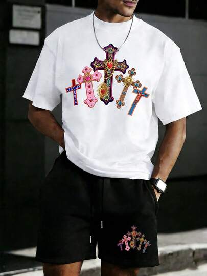 Men's Loose Colorful Floral Print Round Neck Short Sleeve T-Shirt And Drawstring Waist Shorts Set, Summer Essential, Easy To Match