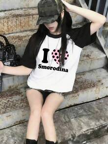 Summer New Z-Gen Y2K Women Top Polka Dot Heart Print Round Neck Contrast Raglan Short Sleeve T-Shirt - Black and White - View 4