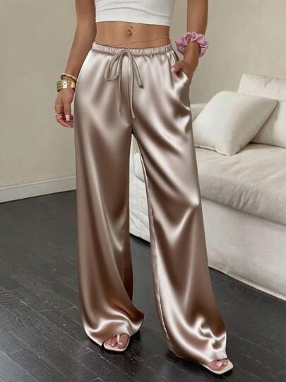 1 Stück einfarbige Satinhose mit Kordelzug und Tasche, bequem für den Hausgebrauch, ganzjährig