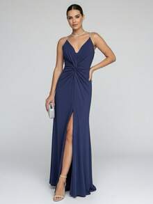 Elegant Women's Long Dress For Bridesmaids, Wedding Guests, Graduations, Birthday Parties, 15th Birthday, Straps, Rhinestones, Padded Cups, Slit, Lined Fabric - 藏蓝色 - 查看 2