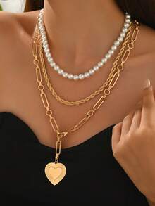 3pcs/Set Minimalist High-End Gold Chain Layered Necklace, Vintage Alloy Heart Pendant Decoration Necklace, Fashionable Jewelry For Women, Suitable For Daily Wear, Dates, Parties, Music Festivals. Chain And Beads Are Random In Length And Quantity.