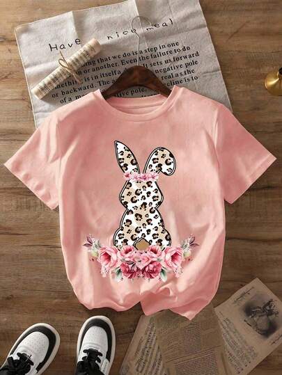 女童卡通兔子印花短袖T恤，青少年夏季圆领衬衫