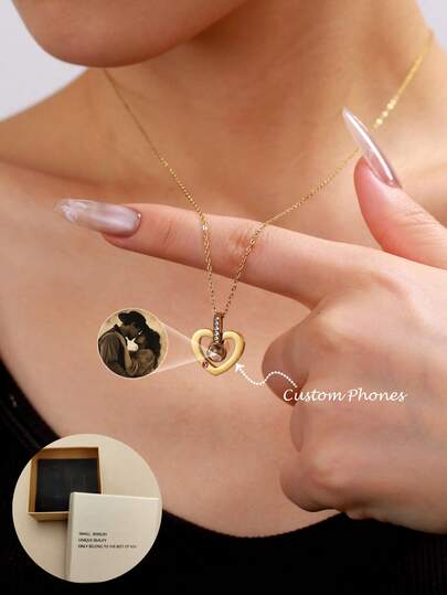 Hollow Heart Custom Photo Projection Necklace (Multi-Tone Options, Optional Gift Box) - Sparkle-Adorned Romantic Accessory, Thoughtful Gift For Her On Anniversaries & Sweet Moments