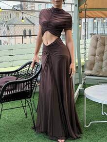 Women's Dress Fashionable And Elegant Temperament Pleated Design Women's Dress Sexy Exposed Navel Spice Girl Splicing Hip Wrap Dinner Party Solid Color Dress - 咖啡棕 - 查看 2