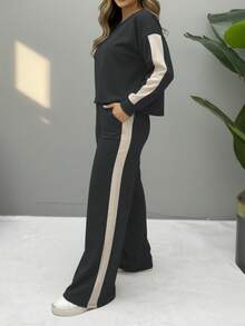 2pcs/Set Women Casual Round Neck Heart Pattern Long Sleeve Top And Pants Suit, Autumn/Winter Spring - Gray 88 - View 3