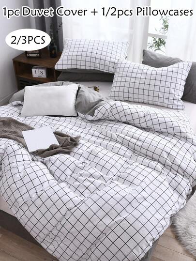 2/3pcs White Plaid Pattern Printed Cotton Duvet Cover Set, Minimalist Bedding Set For All Seasons, Comforter Cover For Guest Room, Dorm, Soft, Breathable, Skin-Friendly, Machine Washable, Queen, King, All Sizes( 1 Duvet Cover+ 1/2 Pillowcases, No Filler)