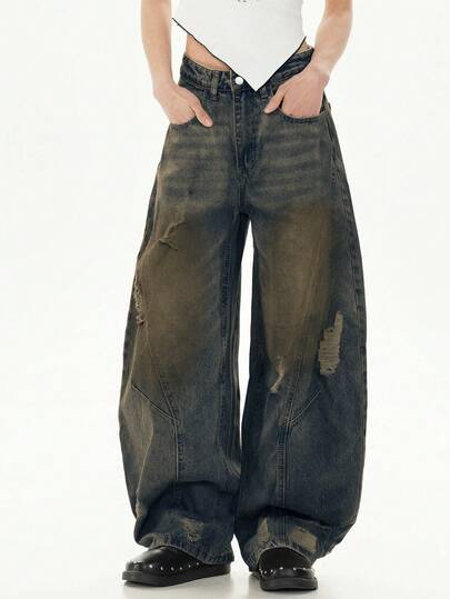 1件男士复古做旧破洞拼接喇叭牛仔裤，休闲宽松阔腿裤，美式嘻哈风格