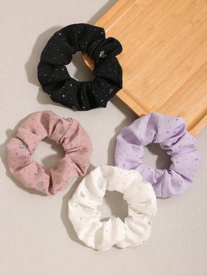 4pcs/Set Gold Foil Heart & Rhinestone Dotted Hair Scrunchies, Casual Bohemian Vintage Palace Style, Polyester, Suitable For All Seasons Hair Ties Ponytail Holder