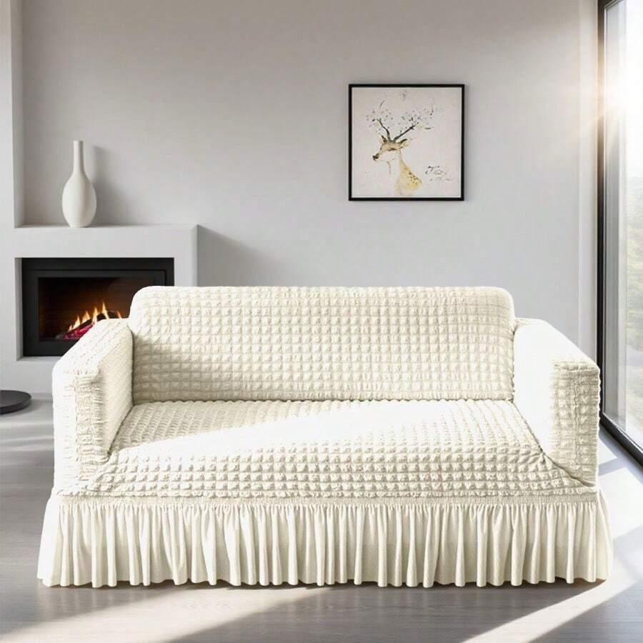 Modern Style Polyester Fiber Solid Color Bubble Gauze Simple Style Elastic All-Inclusive Lace Design Sofa Cover, All Seasons Scratch Resistant Elastic Living Room Sofa Cover Pet Anti-Dirty Universal Sofa Protector Home Decoration - 白色 - 查看 1