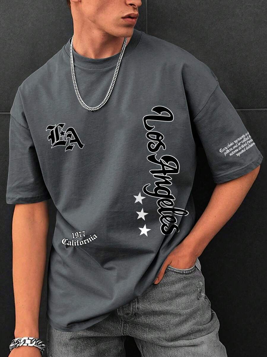 Men's Minimalist LA Star Print Round Neck Short Sleeve T-Shirt, Summer - Dark Grey - View 1