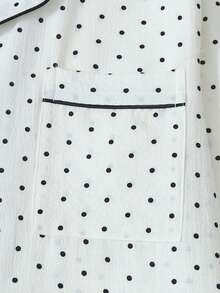 两件套波点印花睡衣套装，甜美可爱翻领纽扣长袖上衣和裤子，女士居家睡衣家居服 - 白色 - 查看 4