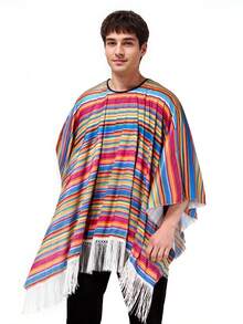 1pc Adult Rainbow Striped Cosplay Cloak, Mexican Costume Shawl Cape For Festival Party Role Play - Multicolor - View 1