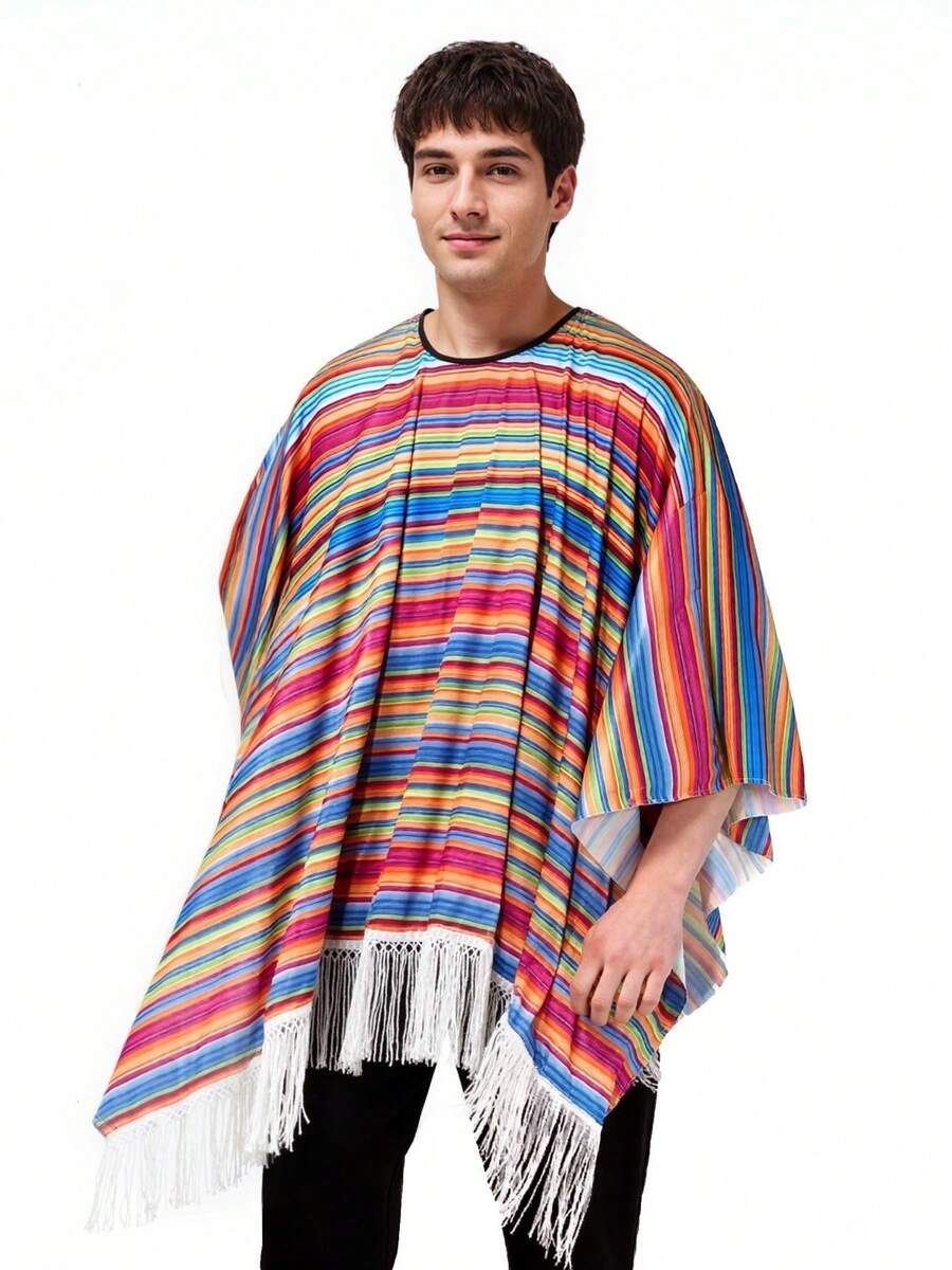 1pc Adult Rainbow Striped Cosplay Cloak, Mexican Costume Shawl Cape For Festival Party Role Play - Multicolor - View 1