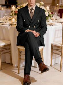 2pcs Men's British Style Metal Double-Breasted Suit, Notched Collar Business Casual Blazer Jacket + Pants - Black - View 3