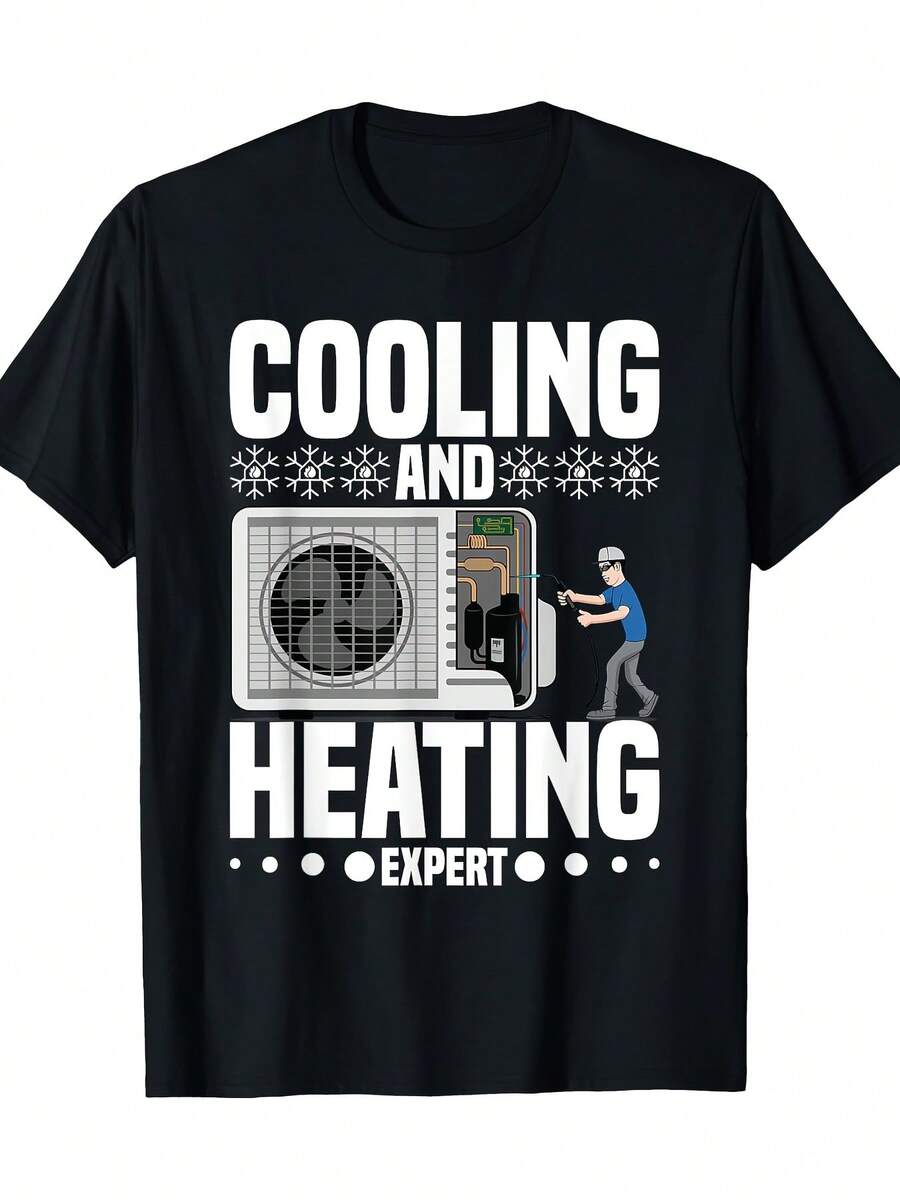 HVAC Technician T-Shirt Cotton Casual Crew Neck Tee With Geometric HVAC Expert Design For AC Repairman And Engineer Short Sleeve Regular Fit Digital Print Knit Fabric Suitable For All Seasons Men Size S-3XL - 黑色 - 查看 1
