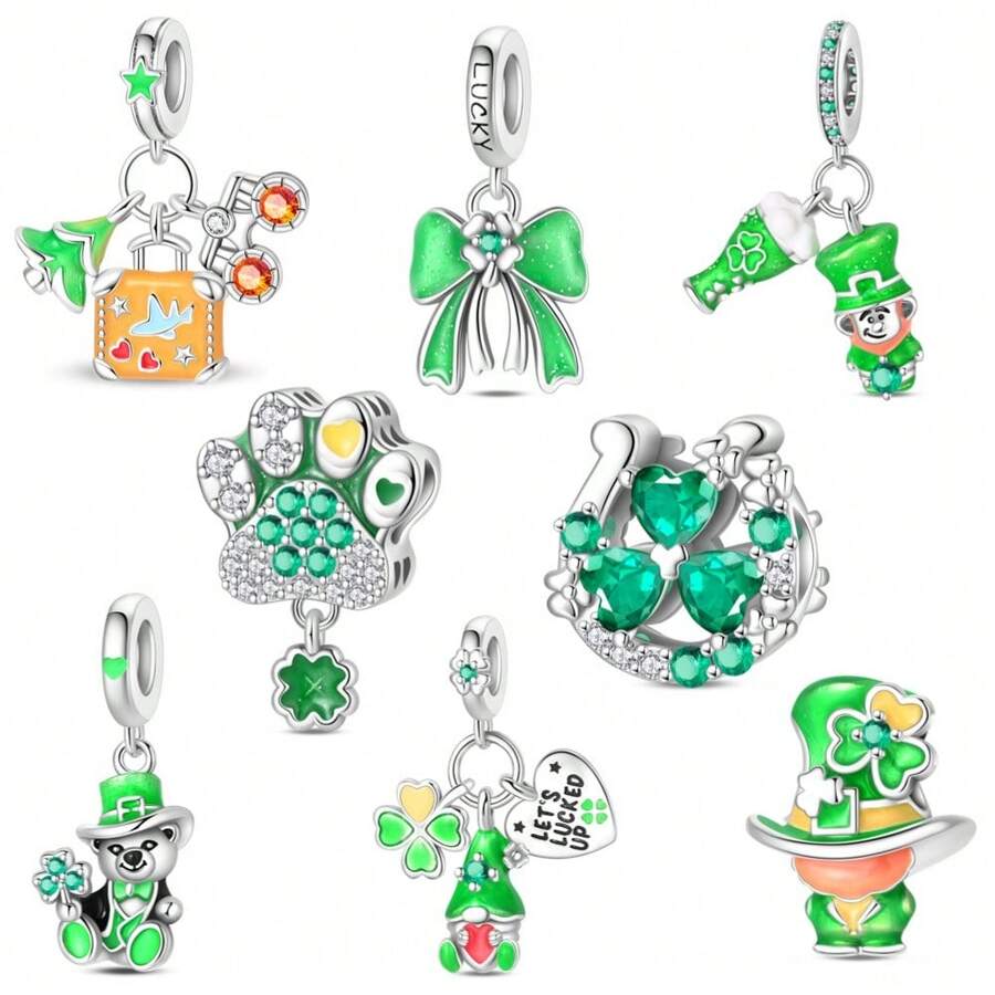 1 Silver-Plated Pendant Bead, Lucky Green Cat Paw Bead, Green Lucky Bow Pendant, Lucky Clover Bead, Jungle Adventure Trio Charm, Green Beer Party Charm, Green Gentleman Bear Charm, Green Hat Festival Trio Charm, St. Patrick's Day Bead, Fits Original 3mm Bracelet, DIY Women's Jewelry Birthday Engagement Party Gift - Green - View 1