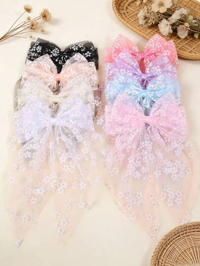 Set de 4 pinzas para el cabello con cola larga de malla, lazos de cabello con estampado floral y brillo de malla, estilo hada, accesorios para el cabello de colores surtidos para uso diario, fiestas y días festivos