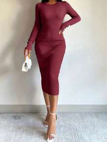 Autumn Winter Ribbed Knit Midi Dress - Burgundy - View 4
