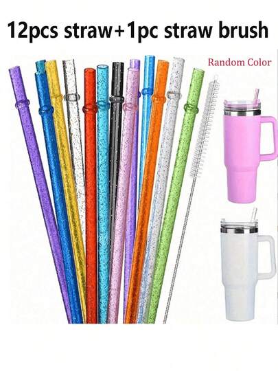 12pcs/9pcs Straw, Reusable Transparent Plastic Shiny Straw 12.4/9.06 Inch Long Straw Decoration, Suitable For Cups, Glasses, Coffee Cups, Juice Cups, Water Cups, 1-Gallon Water Bottles, With Cleaning Brush And Party Supplies