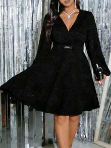 大码女式长袖亮片优雅长裙，V领收腰设计，A字廓形，适合宴会、晚宴、正式场合。 - 黑色 - 查看 3