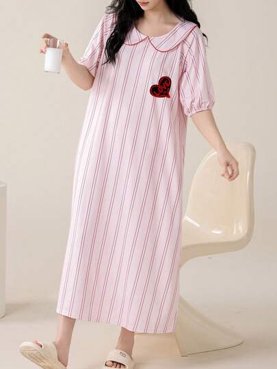 AICJ 1pc Women's Sweet Cute Sexy Cartoon Heart & Letter Print Striped Pink Long Nightgown, Peter Pan Collar Lantern Sleeve Sleepwear Loungewear
