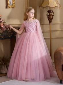 Tween Girl Elegant Lace Trim Bow Back Deep V Mesh Flower Girl Princess Dress, Suitable For Children's Birthday Party, Wedding, Prom, Holiday Occasions - Pink - View 3