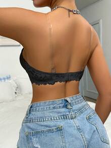 Black Strapless Bra, Lace Wrapped Bust, Ruched Design, Front Invisible Clasp Bandeau Bra For Women - Black - View 3