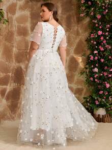 女士大码优雅复古浪漫亮片网纱刺绣拼接婚纱，适合新娘送礼会、婚礼、单身派对、订婚早午餐、蜜月招待会、彩排晚宴、正式晚宴、春夏秋季等场合。