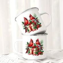 1个复古圣诞红雀珐琅马克杯 - 12盎司，饰有红雀、冬青树和礼物图案，经久耐用，适合咖啡/茶，居家、露营、野餐、旅行使用。 - 白色 - 查看 3