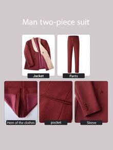 Men's Suit Shawl Lapel Double-Breasted Blazer & Pant Set - Formal 2-Piece Tuxedo With Wafer Knit Texture For Weddings & Black Tie Events - 酒紅色 - 查看 6