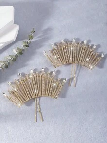 2个奢华水钻镶嵌扇形玻璃新娘发夹，适用于婚礼、舞会、情人节、母亲节、正式场合、新娘写真拍摄，时尚新娘发饰 - 金色 - 查看 6