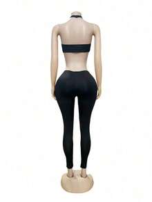 Women's Sexy Cutout Waist Jumpsuit Nightclub Hot Girl High Neck Slim Fit Bodycon Long Pants Romper - 黑色 - 查看 6