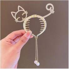 1个/2个优雅水钻猫兔发夹，可爱甜美流苏珍珠吊坠圆形发夹，女士/女孩闪亮水钻兔耳发夹，日常配饰 - 彩色 - 查看 9