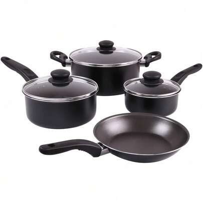 7 Piece Non Stick Aluminium, Pots And Pans Cookware Set, Black