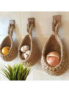 3 PiecesBohemian Lace Wall Hanging Baskets - Light Brown Fabric Storage Hooks, Available In Two Sizes, Suitable For Kitchen, Garlic And Onion Racks, Home And Dining Decor Shelves, Multi-Purpose Organizers For Fruits, Vegetables, And More, Kitchen Storage Solution | Bohemian Style | Fabric Structure, Storage Baskets - Multicolor - View 2