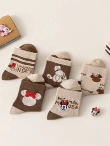 Disney 1/5 Pairs Mouse Embroidered Kids Crew Socks, Cute Beige & Brown Cartoon Spring Fall Socks For Girls - Multicolor - View 7