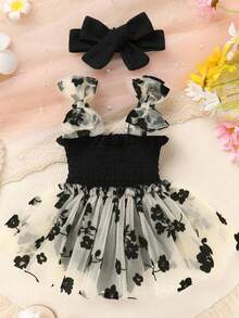 2er/Set, Baby Mädchen, weich und bequem, lässig elegant süß, Schleifen-Dekor Blumenstickerei Rüschen Baumwolle Trägerkleid Romper und Stirnband Set, Baby Mädchen Kleidung, Baby Zubehör, Baby Kleidung, Baby Party Outfit, Baby Fotografie Outfit, geeignet für Sommer Alltag, Urlaub, Party, Fotoshooting, Outdoor Aktivitäten - Verschiedenfarbig - Übersicht 2