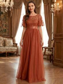 EVERPRETTY 荷叶边袖花卉亮片网纱晚礼服，优雅晚礼服，适合正式场合；橘色伴娘礼服，适合春夏婚礼。