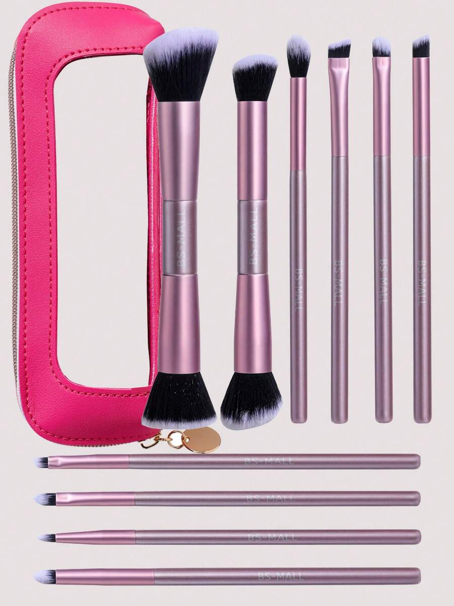 BS-MALL High Quality 10pcs Dual-Ended Purple Makeup Brush Set With Rose Red Storage Bag, Foundation Brush, Blush Brush, Highlighter Brush Set, Convenient Storage For Travel - Mauve Purple - View 1