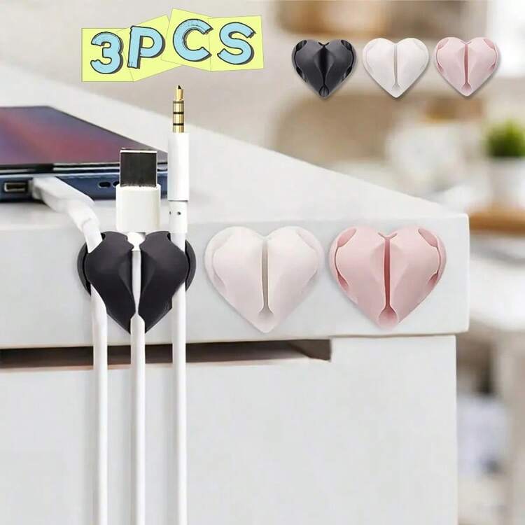 3pcs Three-Hole Love Desktop Data Cable Organizer, Self-Adhesive Cable Computer Mouse Headset Cable Winder Combination Storage(Pink, White, Black) - Multicolor - View 1