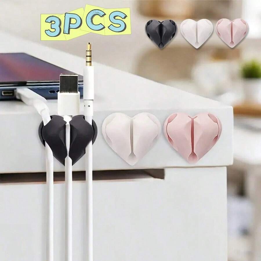 3pcs Three-Hole Love Desktop Data Cable Organizer, Self-Adhesive Cable Computer Mouse Headset Cable Winder Combination Storage(Pink, White, Black) - Multicolor - View 1