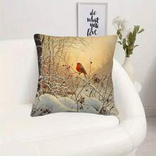 1pc Winter Bird Design Double-Sided Pillow Cushion - Modern Printed Snow Branches & Red Berries Pattern, 17.7" X 17.7", Zipper Closure, Machine Washable Polyester - Multicolor - View 8